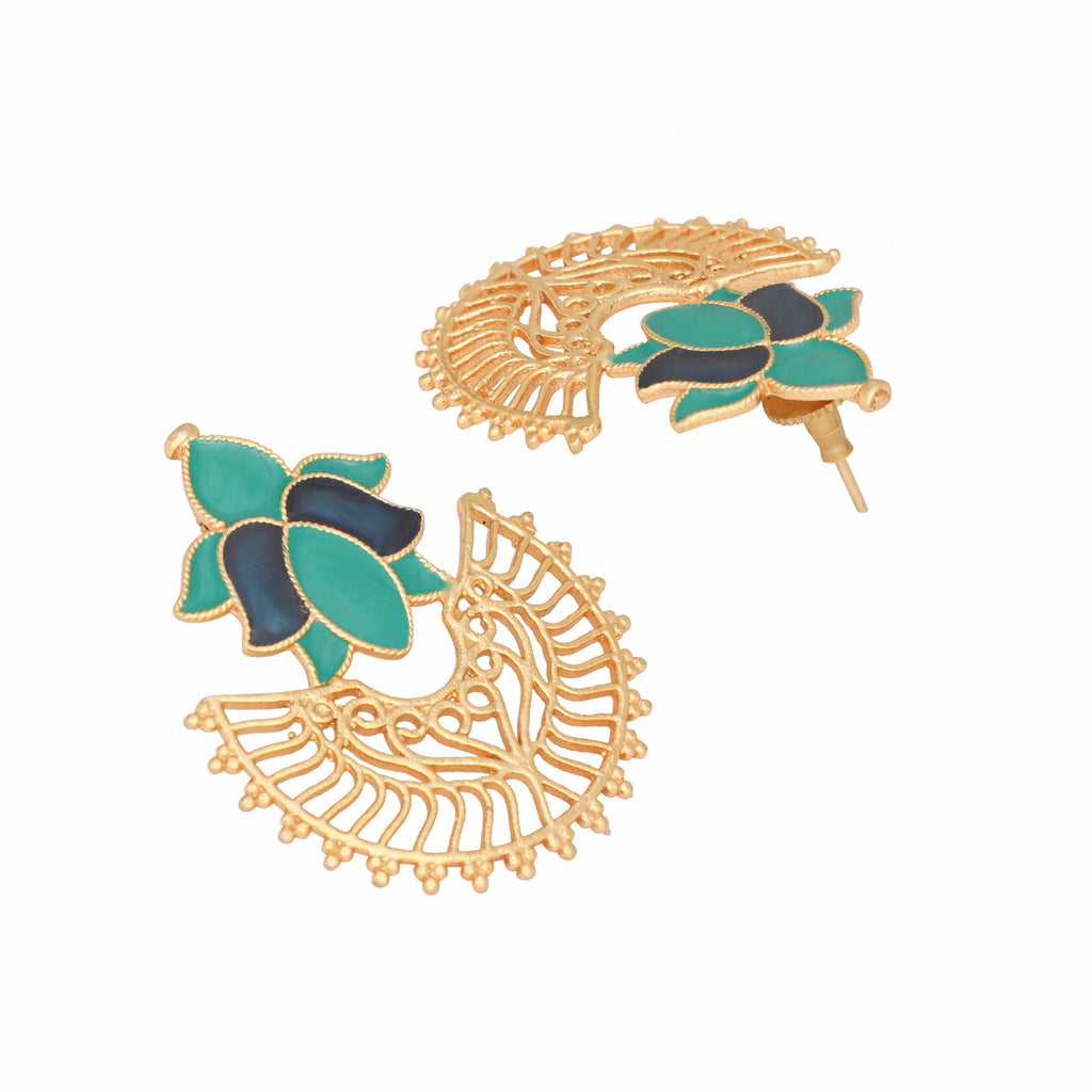 Nuyug 22K Gold Plated Turquoise Enamel Studded Indo-Western Floral Jali Statement Stud Earrings | Grocsy