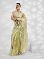 Light Green Net Organza Sequance,Thread Embroidery Work Saree with Unstitched Blouse - Vandini | Grocsy