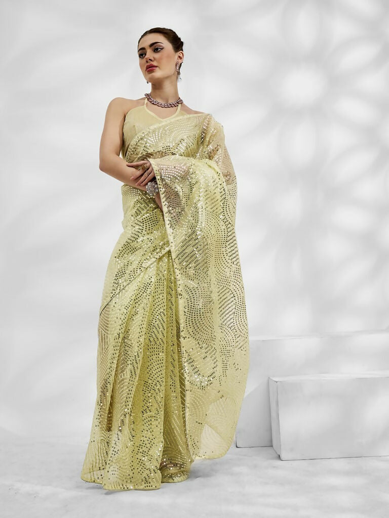 Light Green Net Organza Sequance,Thread Embroidery Work Saree with Unstitched Blouse - Vandini | Grocsy