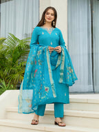 The52 Blue Women's Gorgeous Viscose Fabric Embroidered Work Straight Kurta, Pant and Dupatta Set | Grocsy