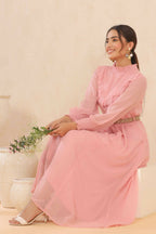 Juniper Women Pink Chiffon Woven Design Flared Dress | Grocsy