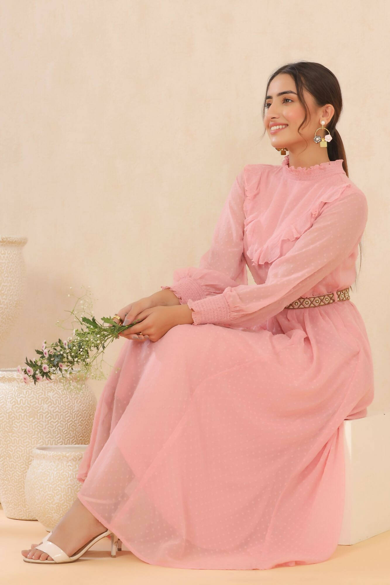 Juniper Women Pink Chiffon Woven Design Flared Dress | Grocsy