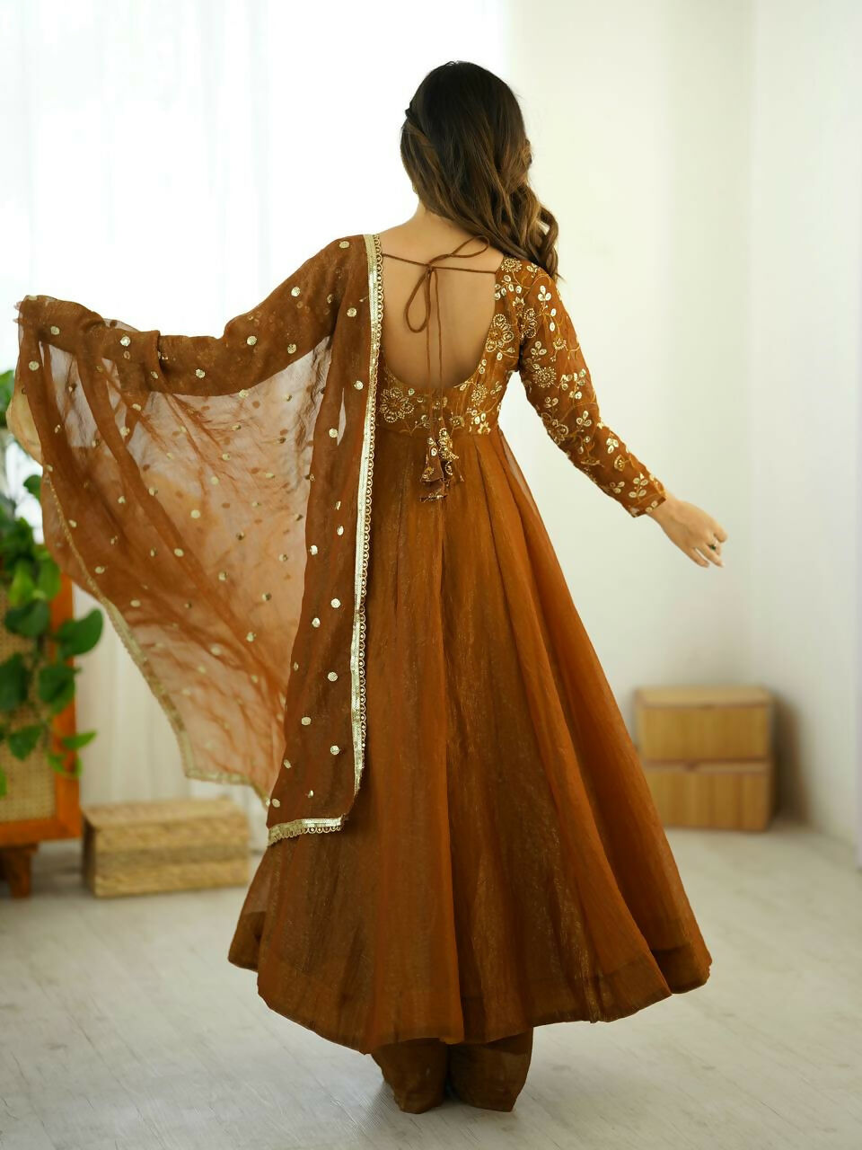 Teeya Creation New Trendy Stylish Elegant Finish With Full Flair Gold Gown Set | Grocsy