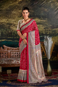 Vastranavya Maroon Silk Madhubani & Bandhej Fusion Print Saree with Unstitched Blouse | Grocsy