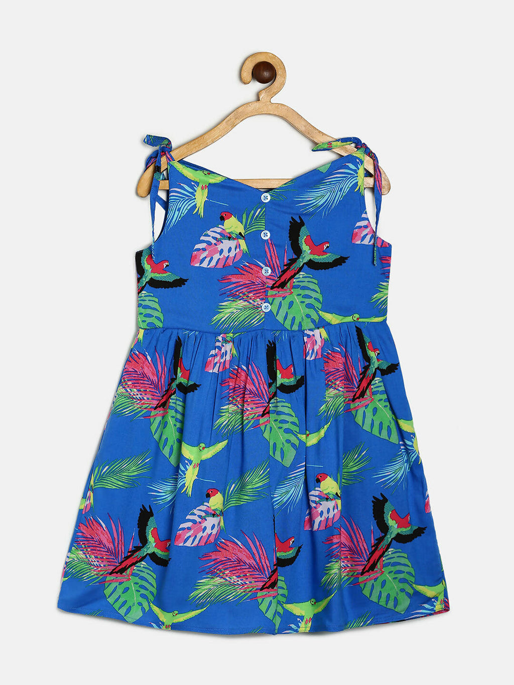 Manet Girls Cotton String Tie Frock Parrot Printed - Blue | Grocsy