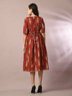 Myshka Women's Rust Printed Cotton V-Neck Empire Party Dress | Grocsy