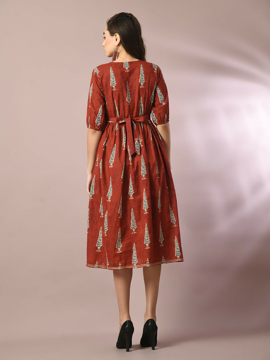 Myshka Women's Rust Printed Cotton V-Neck Empire Party Dress | Grocsy