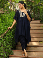 Janasya Navy Blue Silk Blend Yoke Embroidery Co-Ords | Grocsy