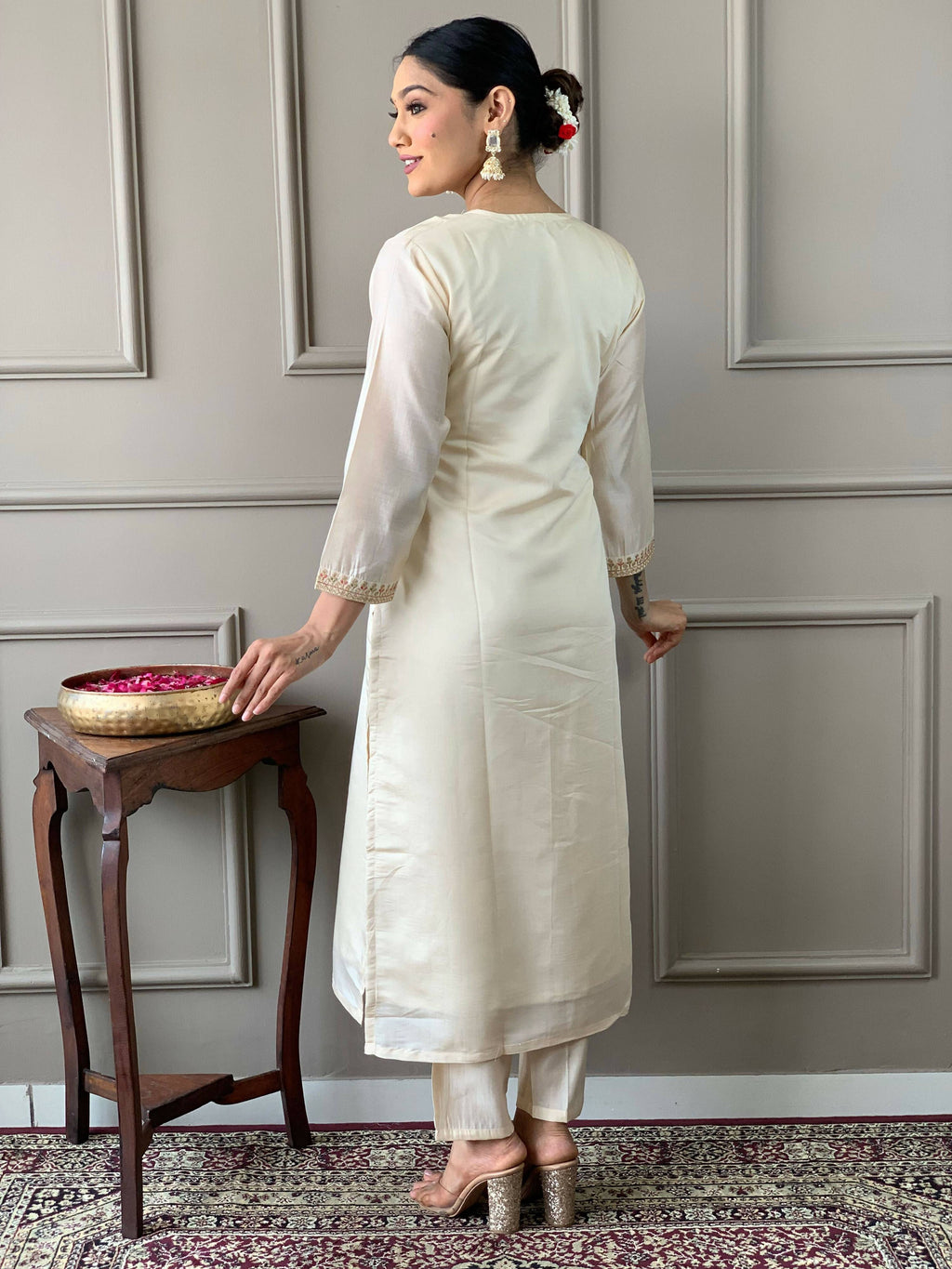 Partywear Designer Viscose Chanderi Off White & Pink Stitched Suit With Dupatta - Anbazaar | Grocsy