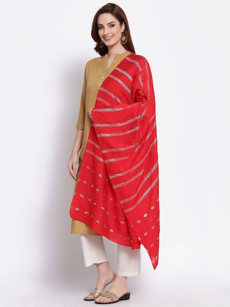 Myshka Women's Red Cotton Silk Printed Casual Dupatta | Grocsy