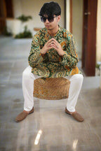 Souchii Men Green & Mustard Pure Cotton Paisley Printed Straight Kurta | Grocsy