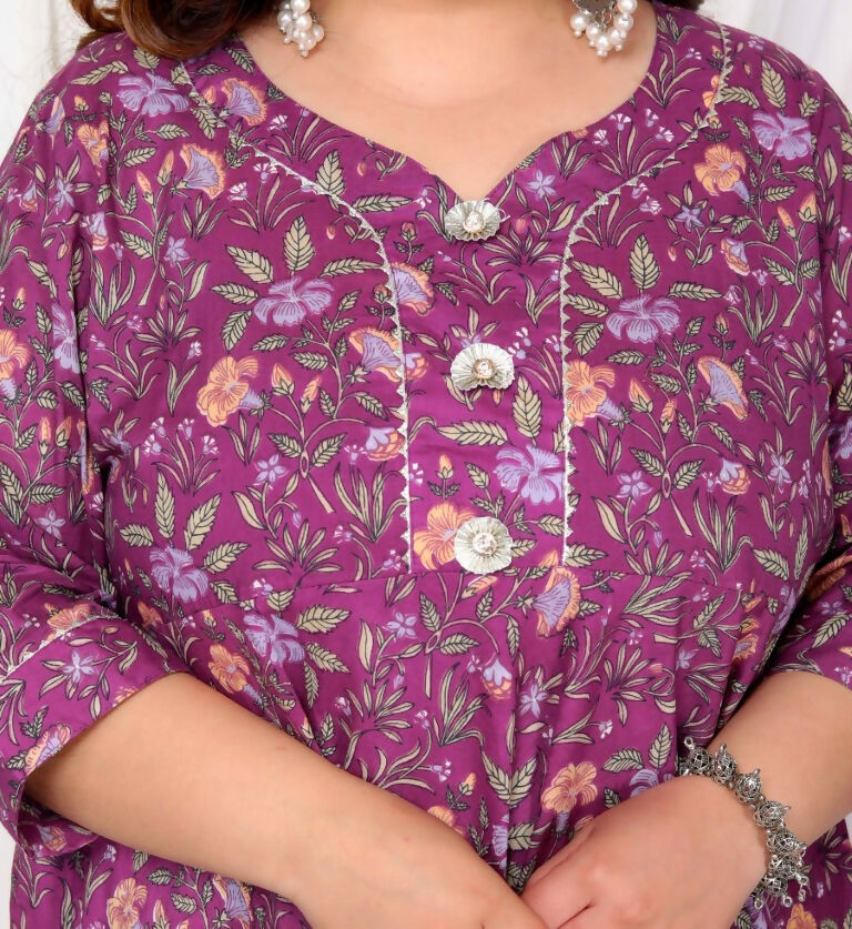 Miravan Women's Plus Size Cotton Gota Patti And Lace Border Details Floral Printed Purple Anarkali Kurta | Grocsy