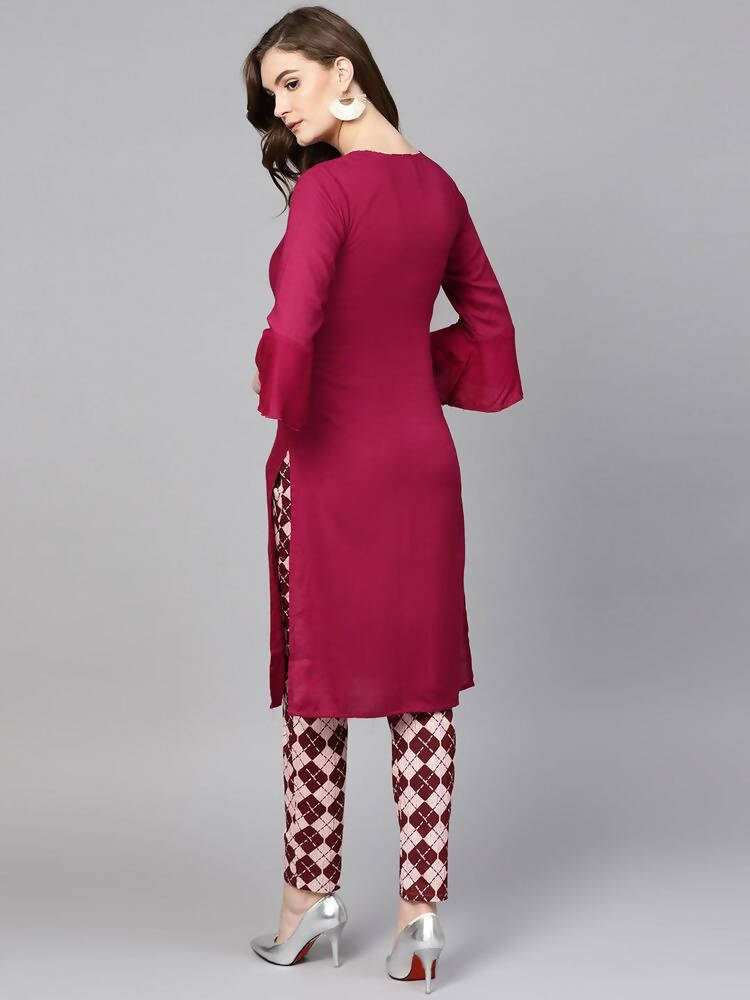 Yufta Women Burgundy Solid Bell Sleeves Straight Kurta with Tassel Detail | Grocsy