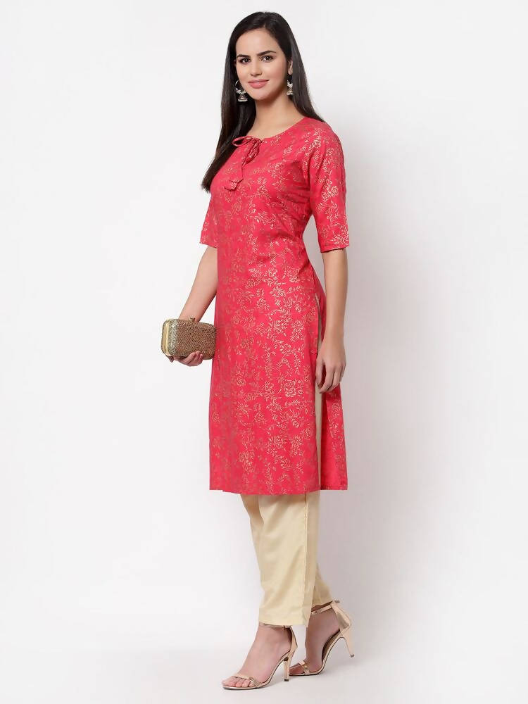 Myshka Women's Pink Rayon Printed Regular Sleeves Round Neck Casual Kurta | Grocsy