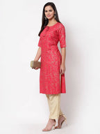 Myshka Women's Pink Rayon Printed Regular Sleeves Round Neck Casual Kurta | Grocsy