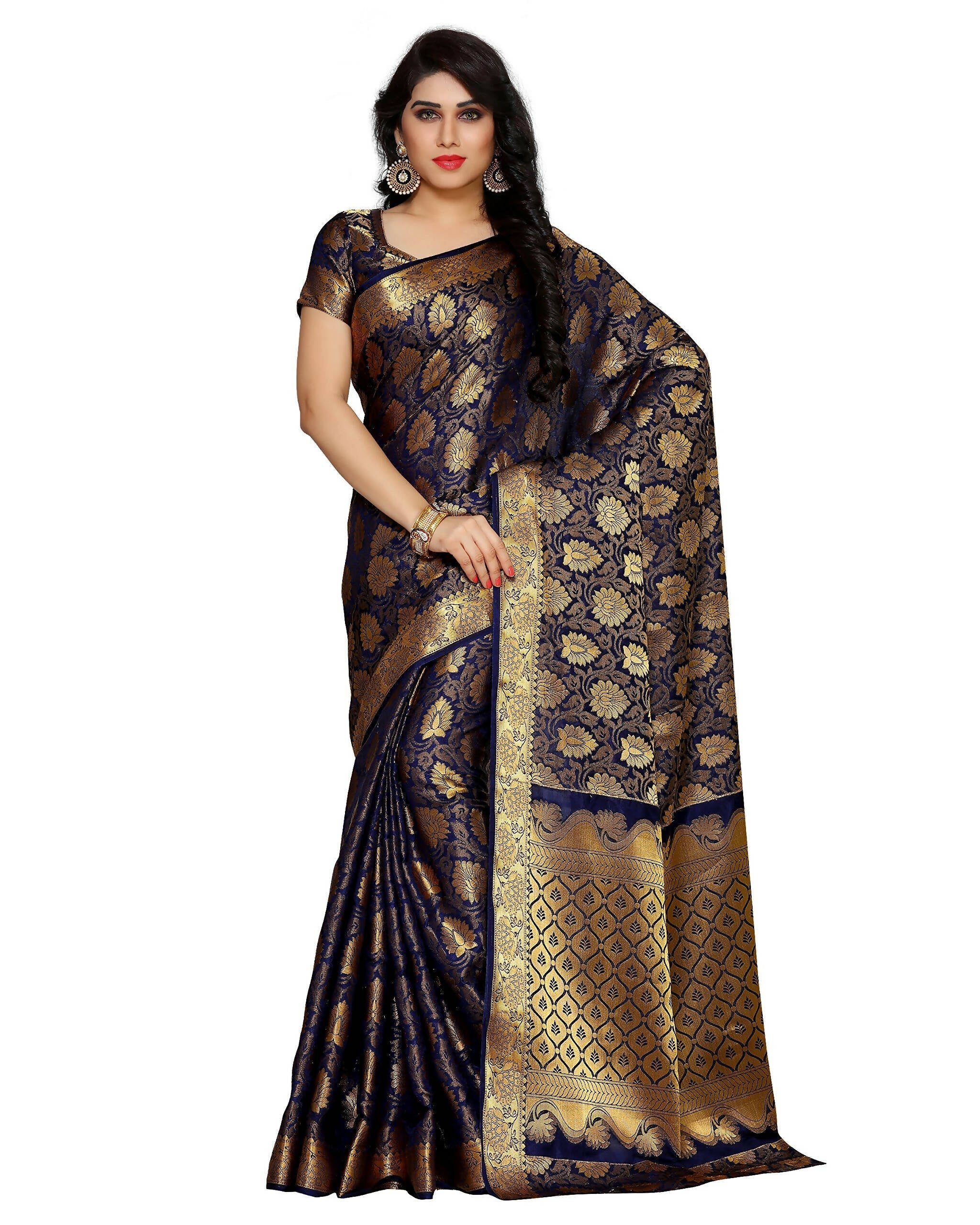 Mimosa Women's Kanchipuram Silk Navy Blue Saree | Grocsy