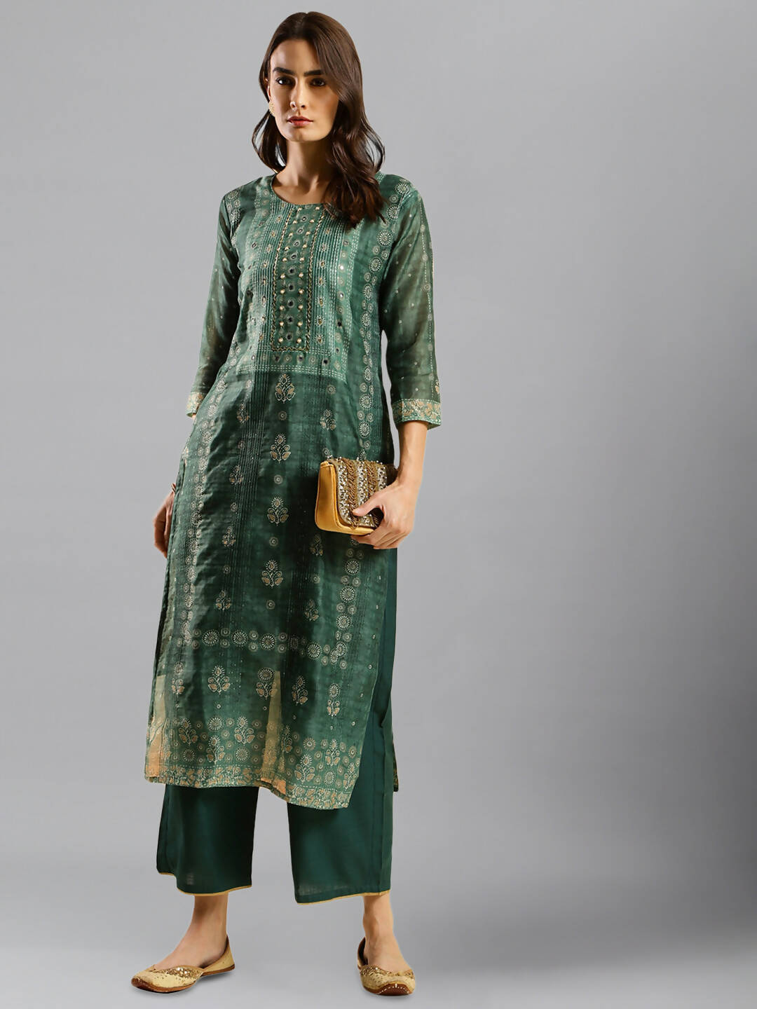 Sea Green Chinon Digital Printed With Hand Work Kurta - Himanshi | Grocsy