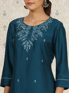 Teal Chinon Embroidered Straight Top - Zeny | Grocsy