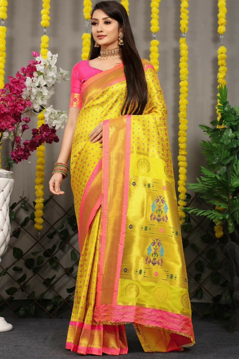 Jyoti Fashion Women's Yellow Banarasi Silk Zari Woven Saree with Blouse | Grocsy