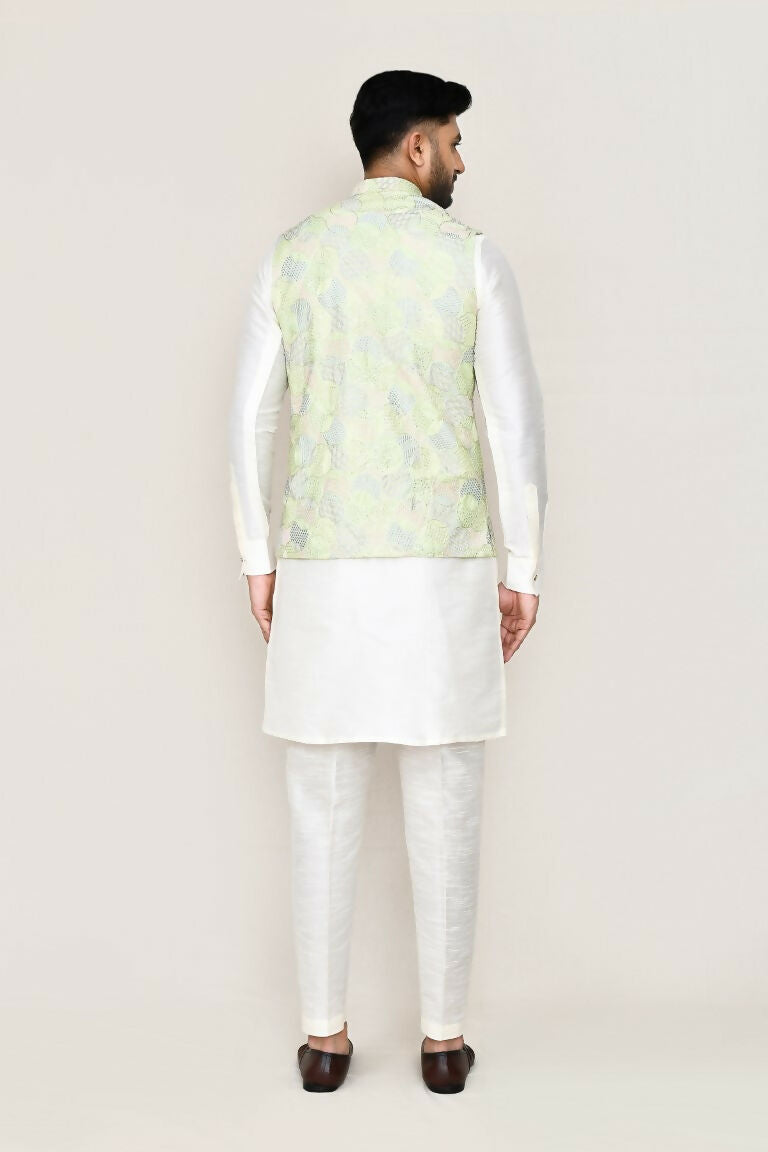 Joban Fashion White Colored Art Silk Fabric Kurta, Jacket With Straight Fit Pant | Grocsy