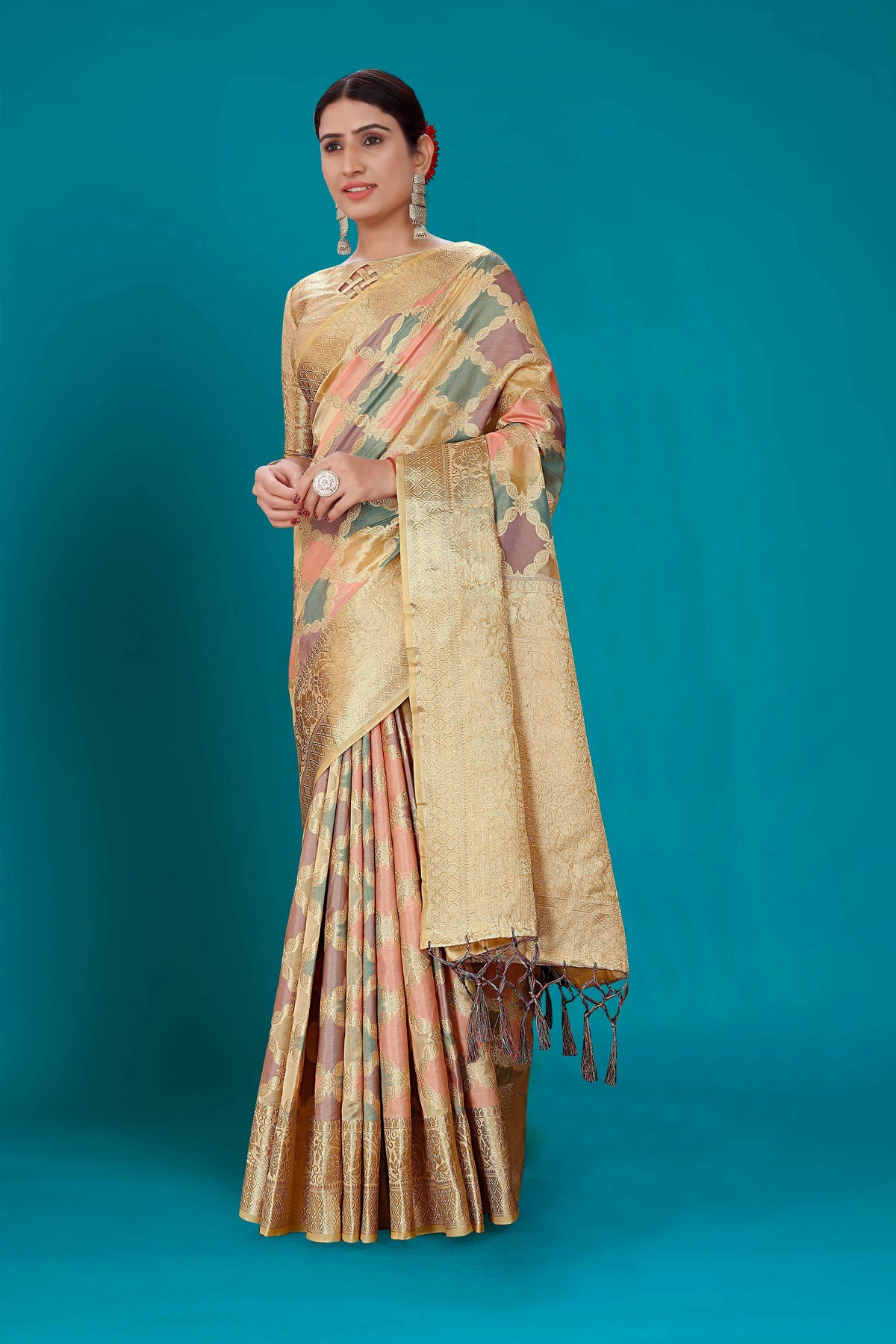 Beige Soft Organza Woven Design Saree with Unstitched Blouse Piece - Zaara | Grocsy