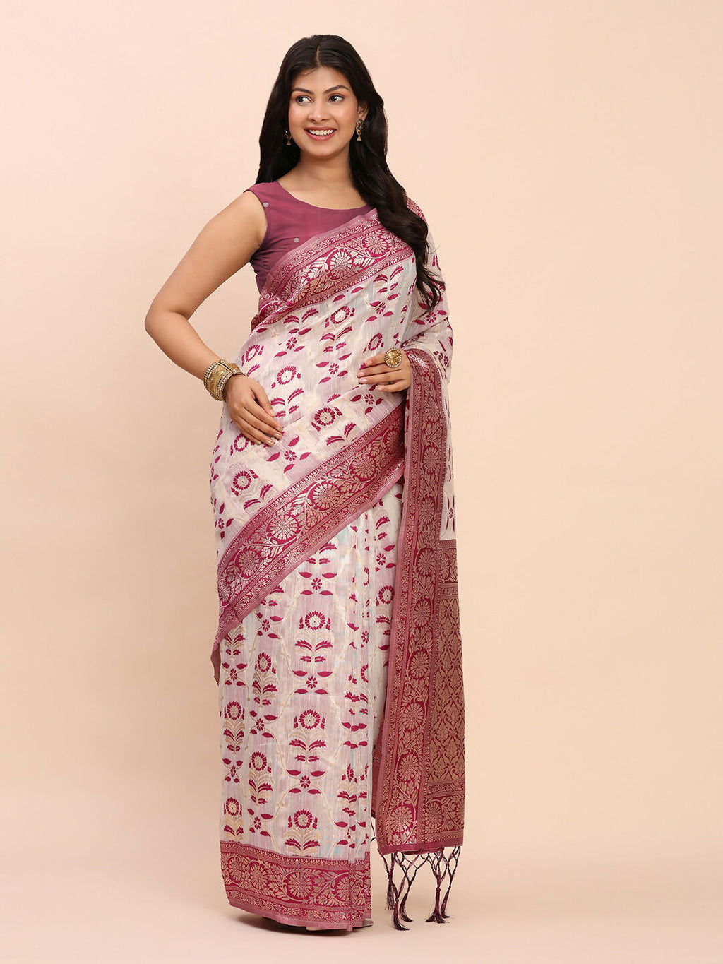 Shree Shyam Fashion Linen Cotton Purple Saree | Grocsy
