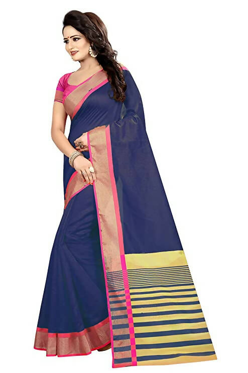 Vamika Weaving Blue Cotton Silk Saree | Grocsy
