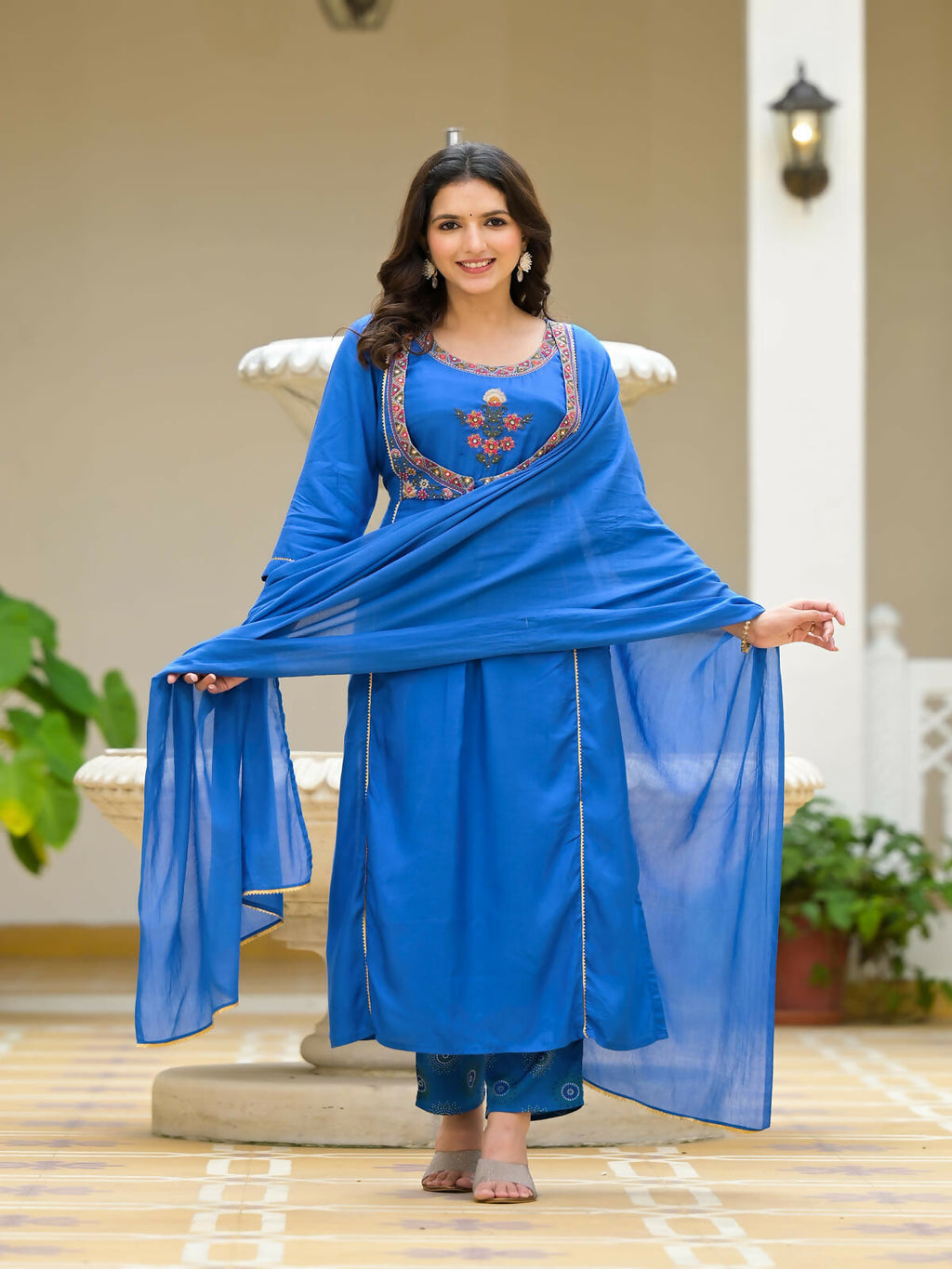 Juniper Women's Blue Solid Viscose Kurta Pant With Dupatta Set With Thread & Mirror Work | Grocsy