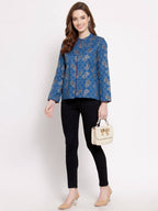 Myshka Women's Blue Cotton Full Sleeve Mandarin Collar Printed Casual Jacket | Grocsy