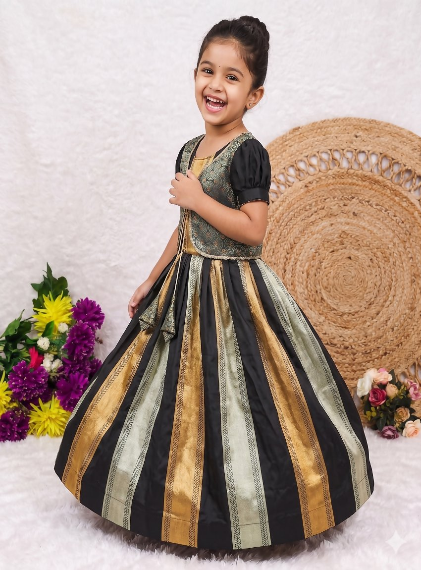 Teeya Creation New Kids Trendy Jet Black Traditional Langa Voni Lehenga Set With Zari Koti Jacket-Black | Grocsy