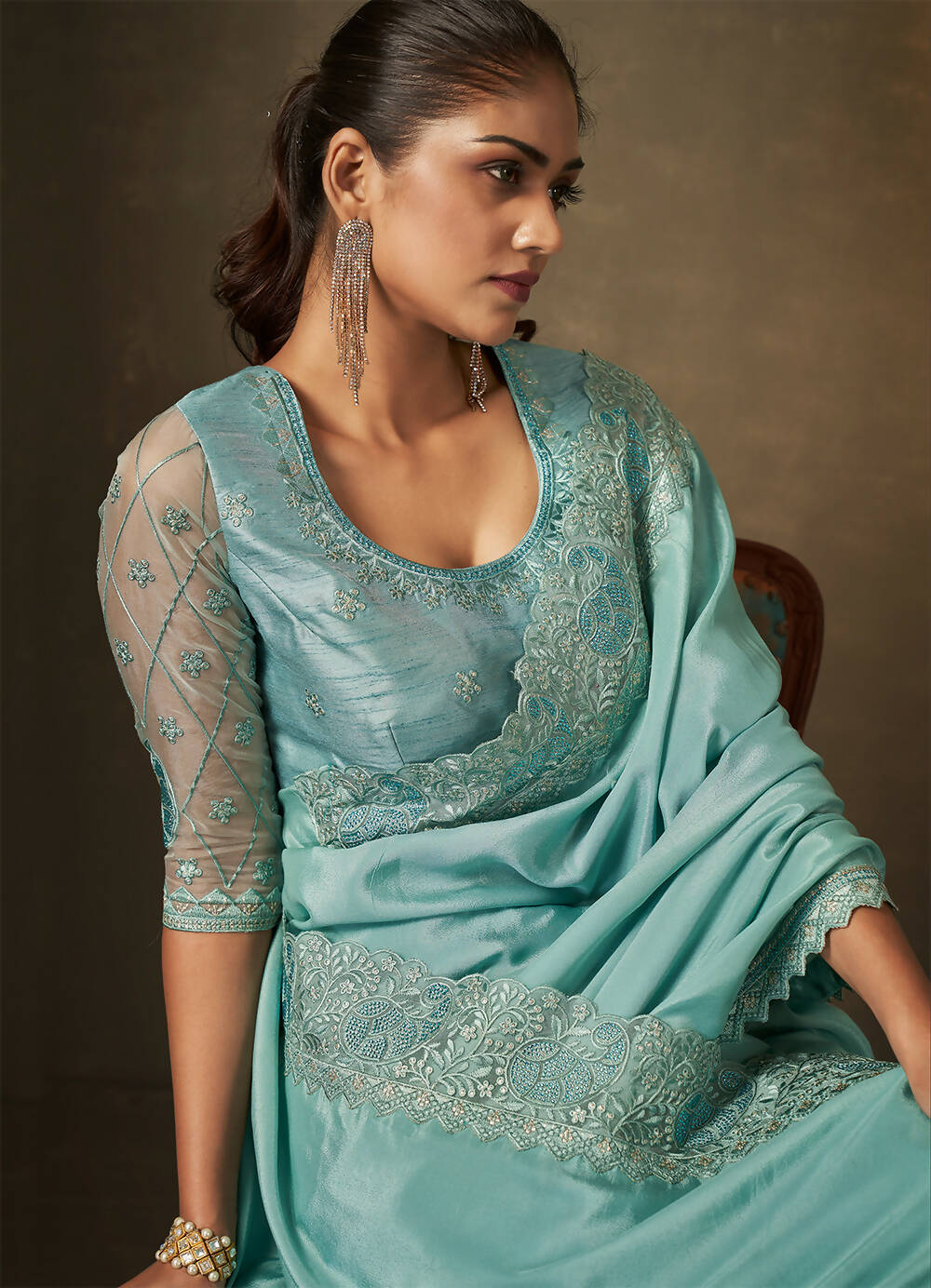 Light Blue Crepe Georgette Silk Embroidered with Swaroski Work Saree With Unstitched Blouse Piece - Norita Royal Erisha | Grocsy
