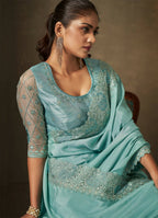 Light Blue Crepe Georgette Silk Embroidered with Swaroski Work Saree With Unstitched Blouse Piece - Norita Royal Erisha | Grocsy