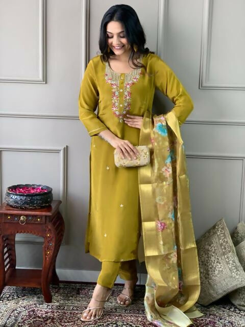 The52 Mustard Gorgeous Embroidered Viscose Chanderi Fabric Straight Kurta Pant with Dupatta Set | Grocsy