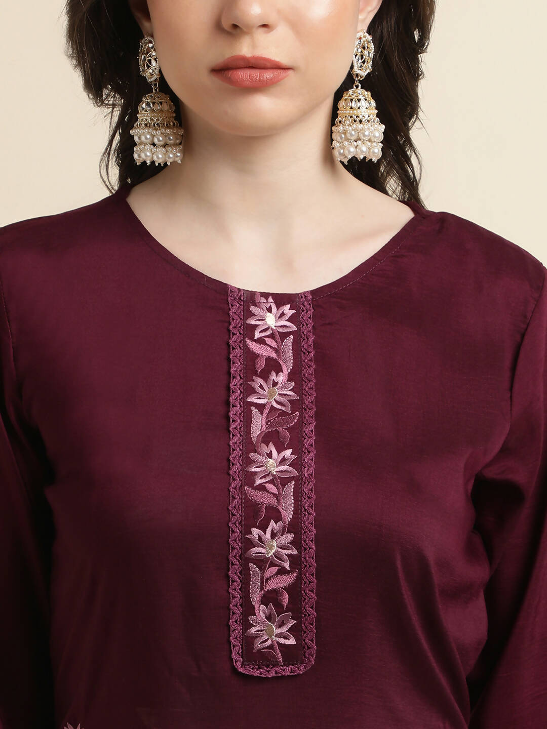 Purple Chinon Silk Embroidered Straight Kurta with Trouser & Dupatta - Salimar | Grocsy