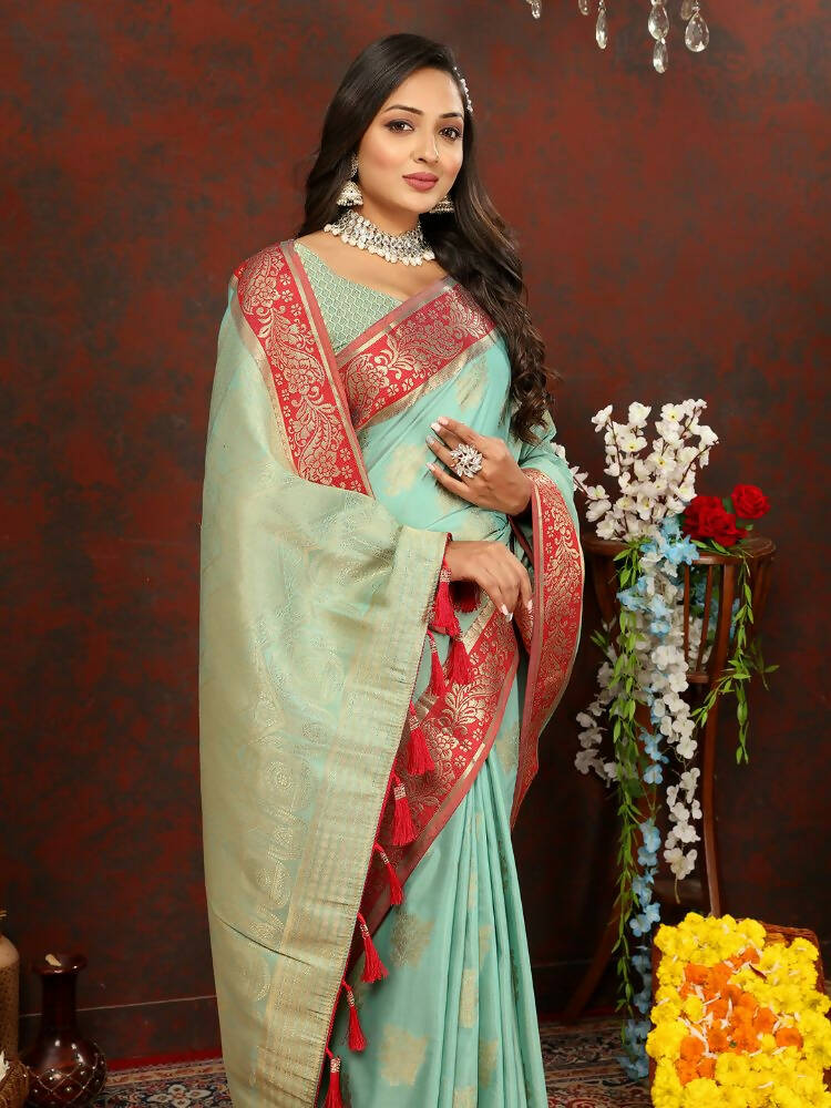Lorenvalley Fashion Skyblue Cotton Woven Design with Zari Weaving Design Saree | Grocsy