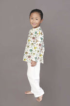 Breathables Kids Cotton Elephant Print Kurta Pyjama Night Suit - White | Grocsy