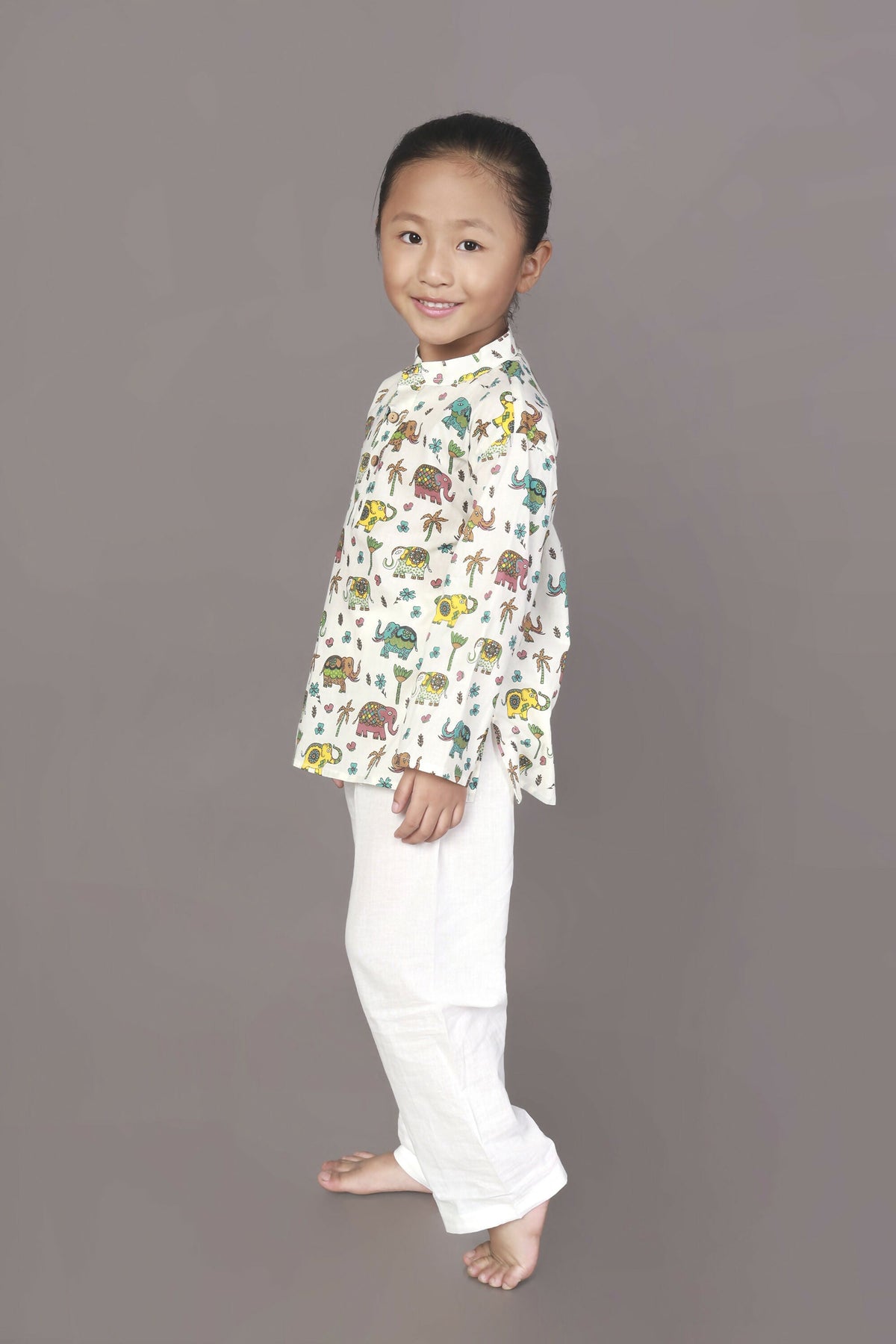 Breathables Kids Cotton Elephant Print Kurta Pyjama Night Suit - White | Grocsy