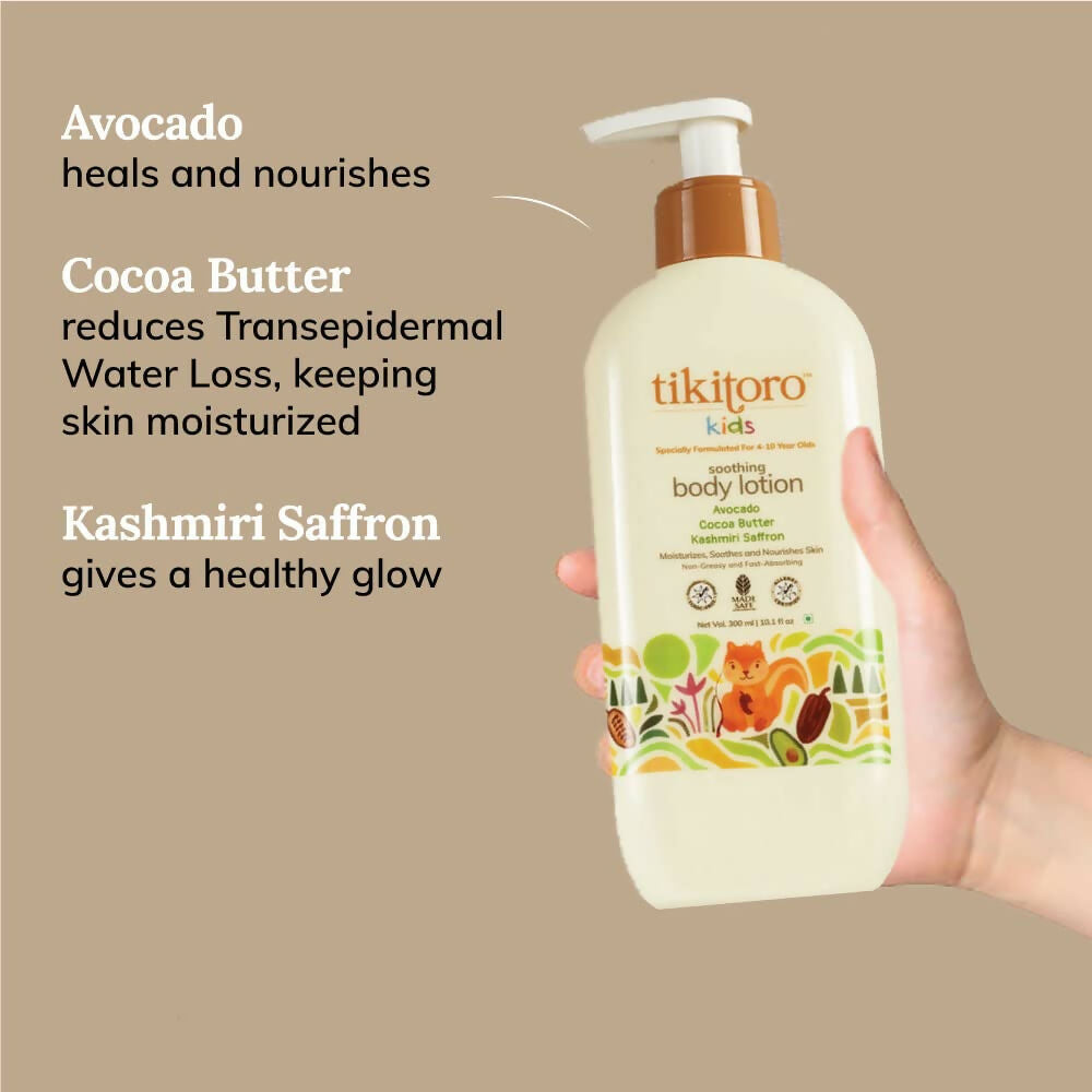 Tikitoro Kids Soothing Body Lotion 100% Vegan with Avocado, Cocoa Butter, Kashmiri Saffron Extract, Moisturizes, Soothes & Nourishes Skin | Grocsy