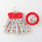 Bold N Elegant Cotton Floral Printed Ruffle Sleeve Princess Dress Frock With Fabric Hat Cap - Red | Grocsy