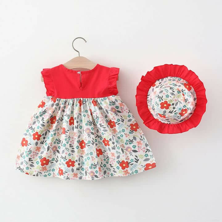 Bold N Elegant Cotton Floral Printed Ruffle Sleeve Princess Dress Frock With Fabric Hat Cap - Red | Grocsy