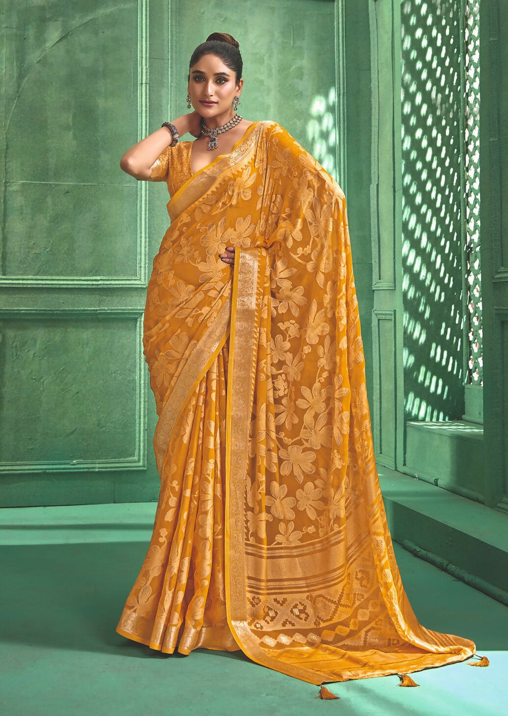 Joban Fashion Yellow Dull Moss Brasso With Kasab Zari Border Saree & Tassels With Brasso Blouse | Grocsy