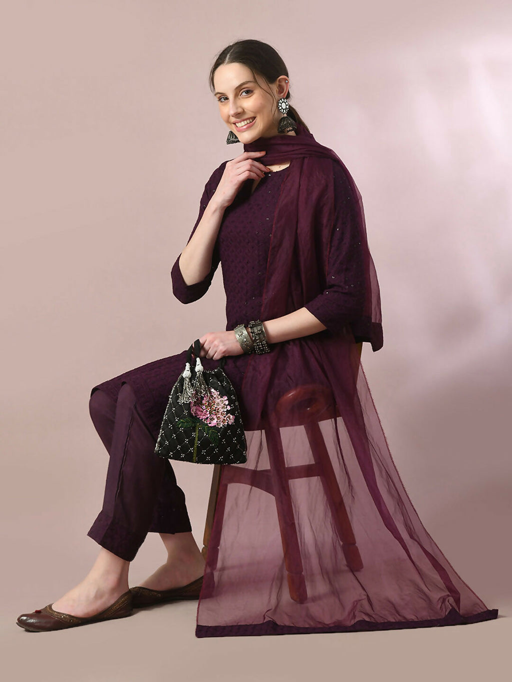 Myshka Women's Magenta Embroidered Cotton Straight Party Kurta Set With Dupatta | Grocsy