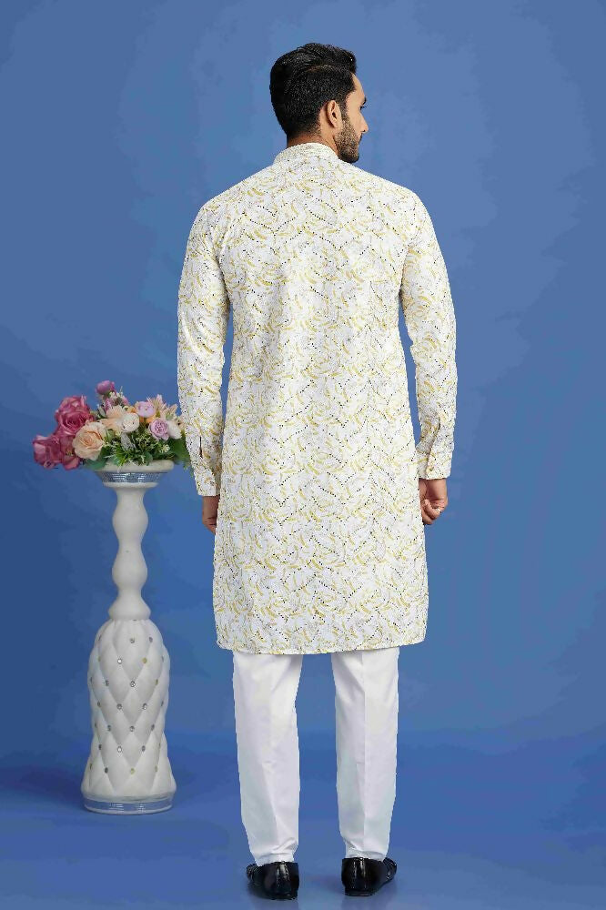 Raivat Ethnic Cotton Embroidery Kurta Pajama In Yellow Colour | Grocsy