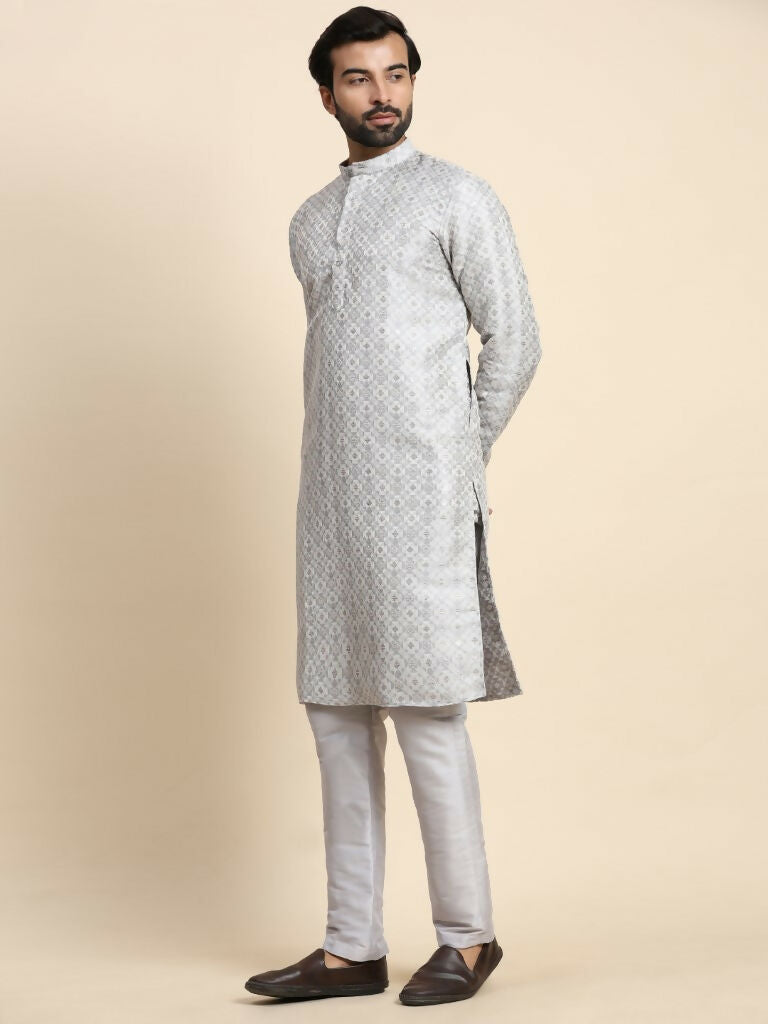 Grey Viscose Jacquard Woven Jacquard Designer Men's Rajwadi Kurta Set - Mahotsav | Grocsy