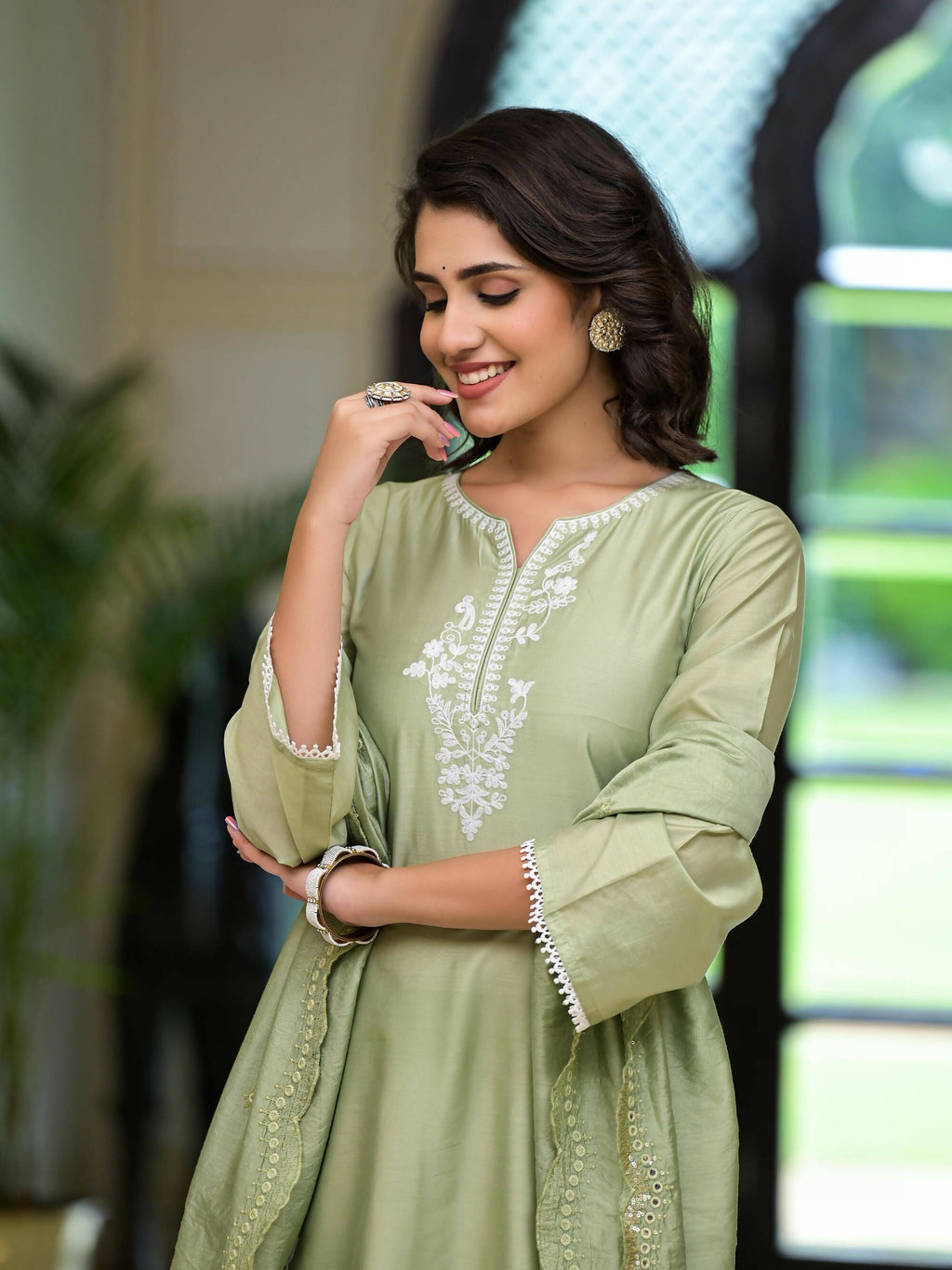 Juniper Women's Olive Thread Embroidered Viscose Kurta Palazzo And Dupatta Set With Thread & Mirror Work | Grocsy
