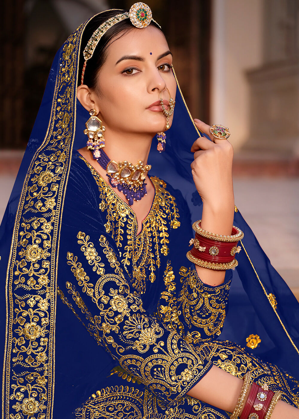 Blue Velvet Front & Back Embroidery Wedding Anarkali Suit - Emponline | Grocsy