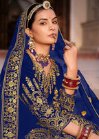 Blue Velvet Front & Back Embroidery Wedding Anarkali Suit - Emponline | Grocsy