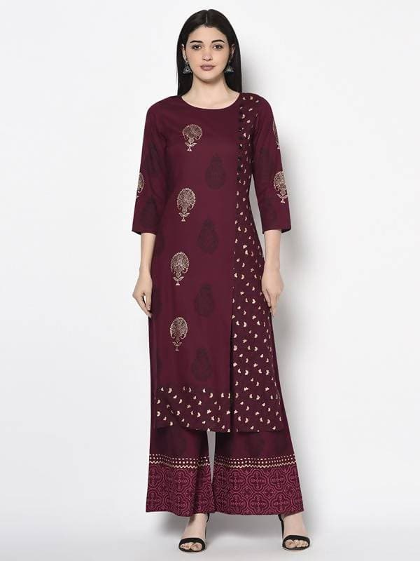 Aniyah Rayon Wine Color Block Print Straight Kurta (AN-175K) | Grocsy