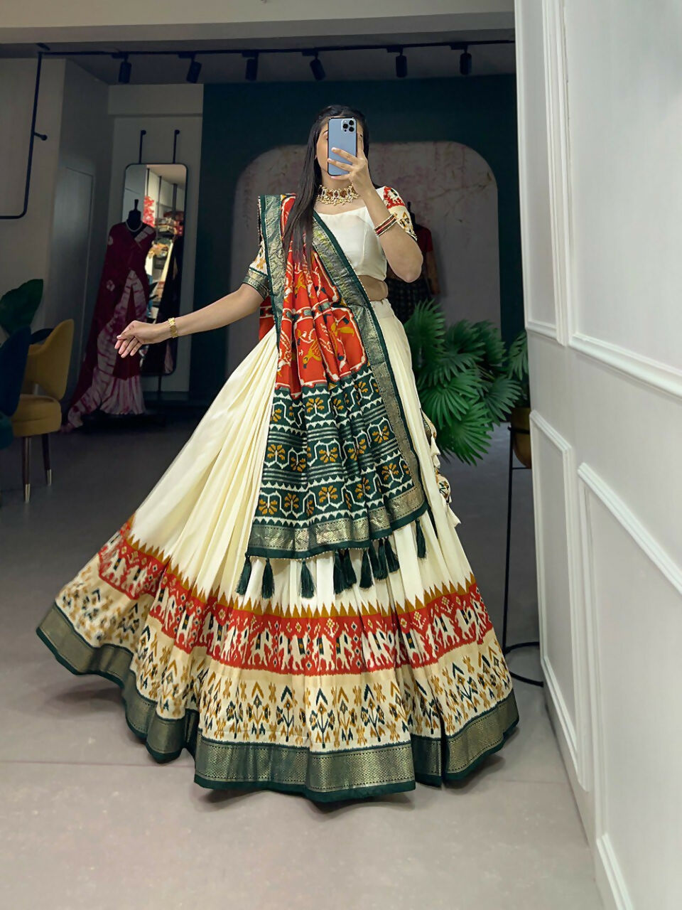 Vastranavya Ethnic Wardrobe with Our Stunning Patola Printed and Foil Work Tussar Silk Lehenga with Unstitched Choli - Off White | Grocsy