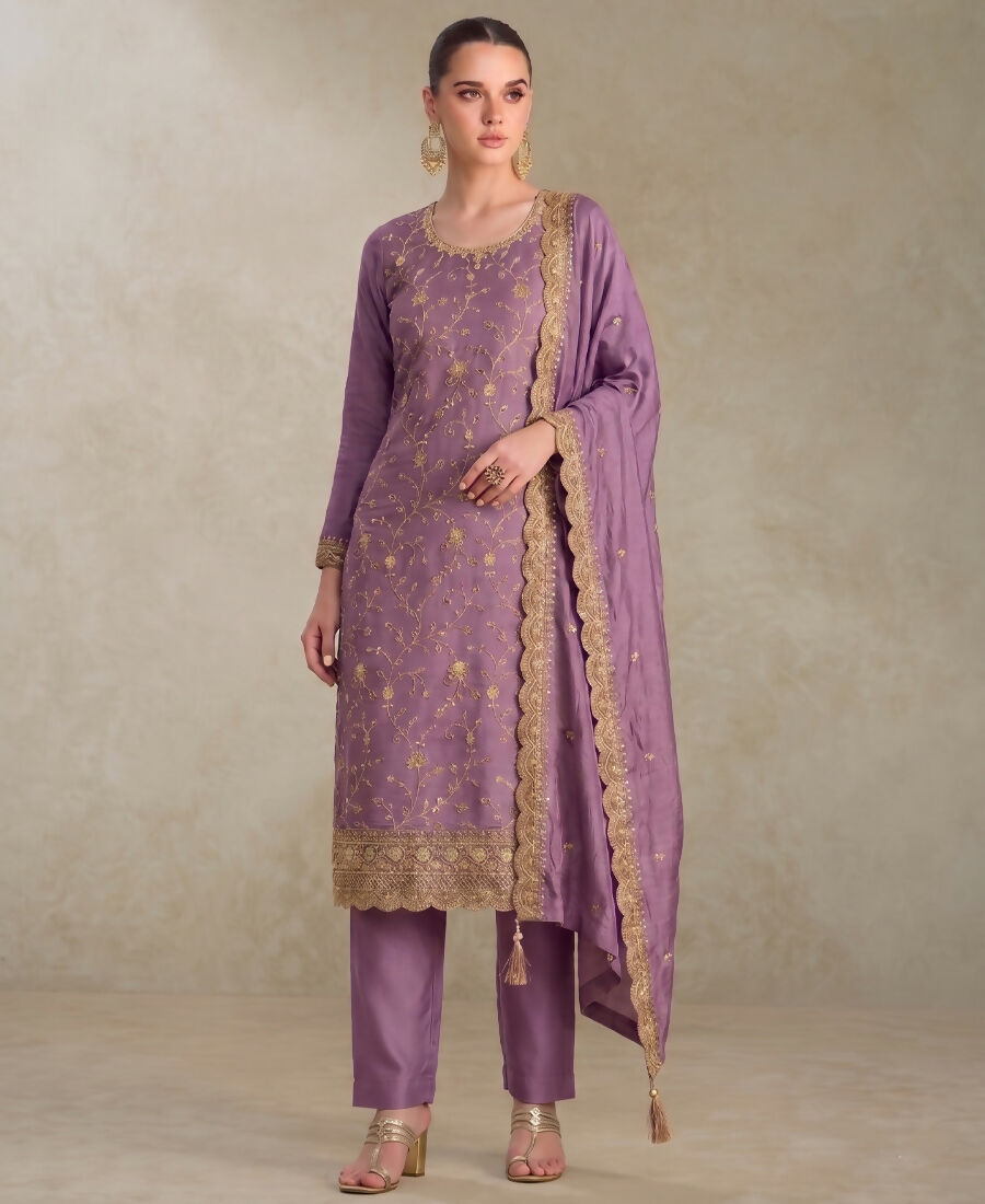 KC Lilac Silk Straight Suit For Women Heavy Embroidery Work | Grocsy